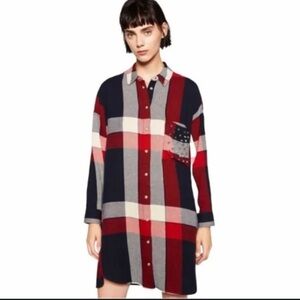 Zara Basic Studded Flannel Shirt Mini Dress